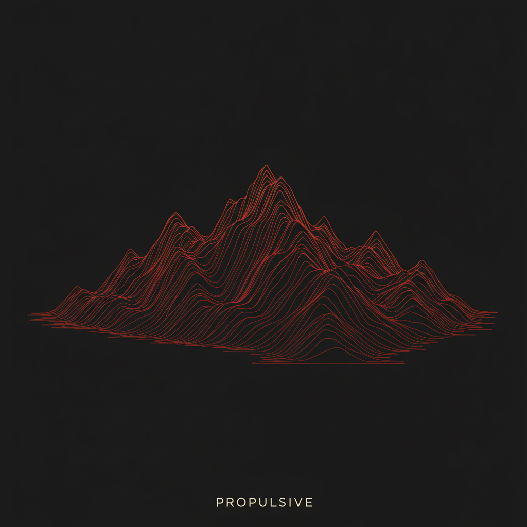 Propulsive album cover: sharp red topographic contour lines on a near-black background