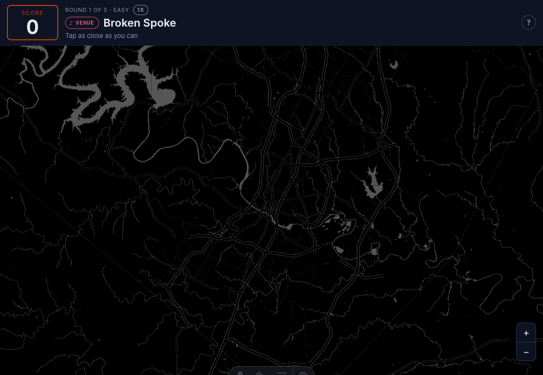 ATXactly round one: an unlabelled dark map of Austin with the prompt Broken Spoke in the header